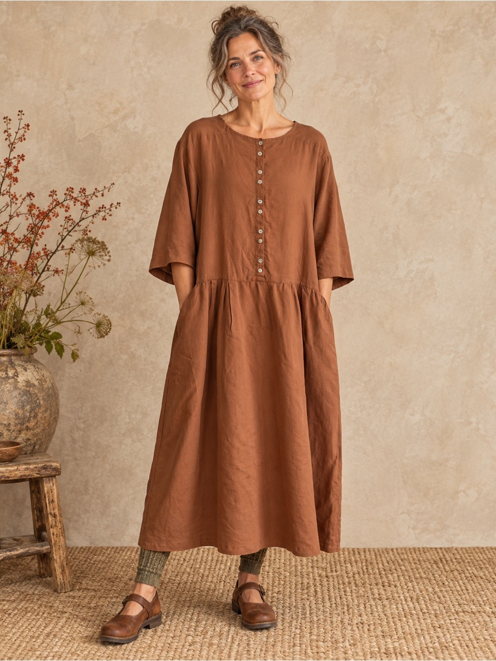 Gudrun Sjoden Linen Cotton Button Front Maxi Dress Rust Brown Medium